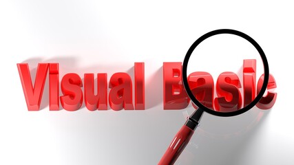 Visual Basic red write on white background, under a magnifier lens - 3D rendering illustration