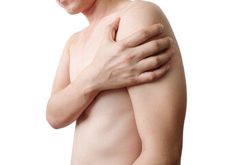 Fototapeta premium Neck pain, shoulder pain, on white background, Health and medical bone concepts