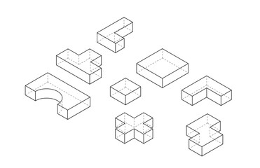 3d basic geometric shapes with dashed back lines, outline isometric view. example of technical drawing