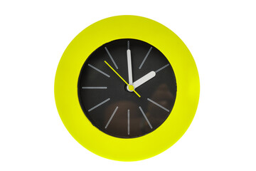 Round modern clock with white stripe, thin yellow clock hands pointing at the center possess time,...