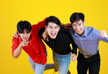 Portrait group of 3 adults Asian male close friend smiling look feel happy with smile on face and...
