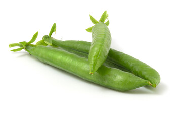 Sweet pea pods isolated on white background. Vegetarian food.