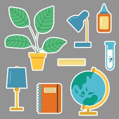 A set of stickers on the school theme. Globe, notebook, ruler, lamp, houseplant, glue, flask.