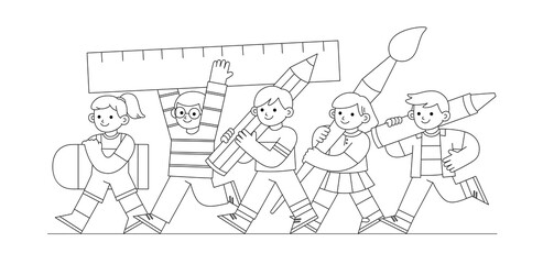 Outline of Adorable students are back to school with art supplies. Back to school concept illustration.