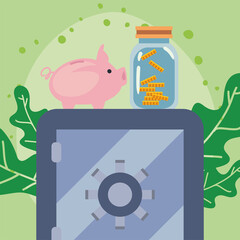 strongbox piggy and coins
