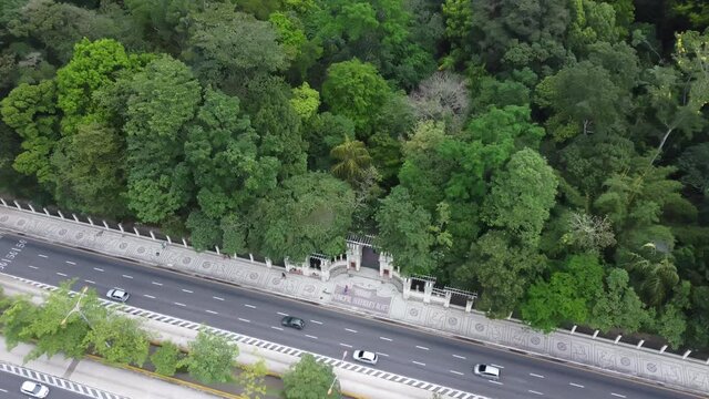 Aerial view of the entrance to the "Bosque Municipal Rodrigues Alves". 4K.