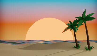 Fototapeta na wymiar Sunny tropical beach with palm trees .3D rendering