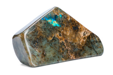 a piece of polished labradorite close-up on a white isolated background.