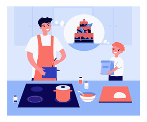 Father and son making big cake flat vector illustration. Happy kid helping dad, holding flour packaging. Man in apron mixing ingredients in bowl. Cooking, family, together, kitchen concept