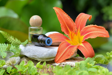essential oil bottles on a stone in a rock zen garden with orange flower