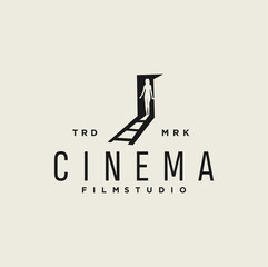 Door with curvy girl logo for cinema film design Vector Illustration Template.