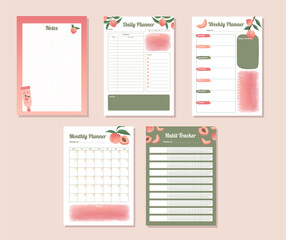 Printable daily, weekly, monthly, habit tracker planner with watercolor peaches design illustration  