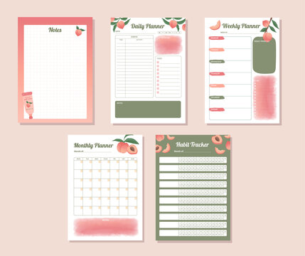 Printable daily, weekly, monthly, habit tracker planner with watercolor peaches design illustration  