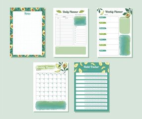 Printable daily, weekly, monthly, habit tracker planner with watercolor teal avocado design illustration  