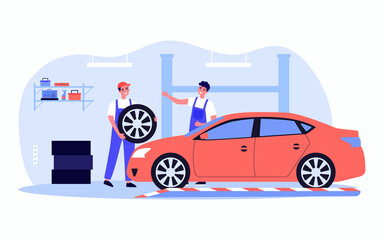 Male workers repairing car flat vector illustration. Cheerful men in uniform replacing tires. Auto service, diagnostics, transport concept for banner, website design or landing web page