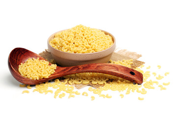 Italian pasta (Gomiti Rigati) on white background 