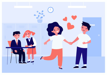 School boy and girl in love. Flat vector illustration. Happy little kids holding hands in classroom while their classmates whispering behind their backs. First school love, friendship, romance concept