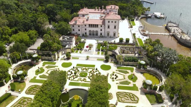 Villa Vizcaya Museum and Italian Renaissance Gardens, Miami USA. Aerial View of Historic Landmark and Tourist Attraction, Tilt Up Drone Shot