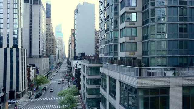 Drone shot over empty Manhattan street during Covid-19