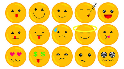Fototapeta premium Flat Design Vector Emoji Set with Different Reactions Isolated on White Background. Communication Chat Elements.