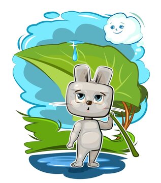 recommend clip art: Funny cute little hare hides from the rain under a burdock. The cloud smiles. Naive Kid is an animal. Illustration for children. Cartoon style. Isolated vector