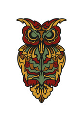 Owl ornament in baroque color style. Good for tattoos, prints and postcards. Vector illustration