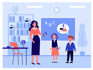 Cartoon teacher and pupils at class flat vector illustration. Female tutor lending out books at school. Education, lesson, back to school concept for banner, website design or landing web page