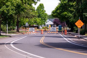 Road barricades with sign 