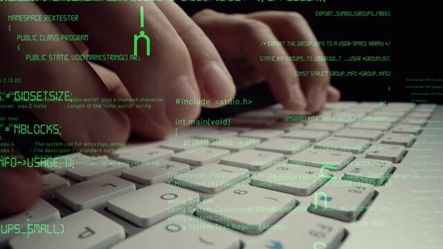 Creative visual of computer programming coding and software development shown by man working on computer keyboard with overlay of computer graphic displaying abstract program codes and computer script