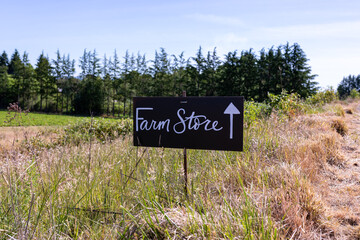 A farm sign on a small blackboard on a single pole read "Farm Store" next to a pointing arrow