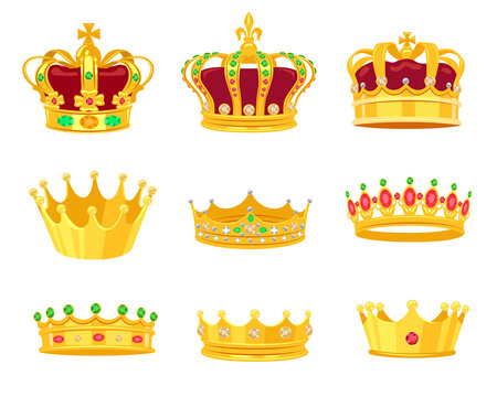 Golden crowns vector illustrations set. Accessory for royals, king, queen, prince or princess isolated on white background. Fantasy, monarchy, jewelry, fairytale concept