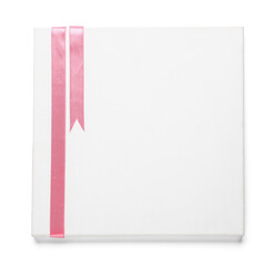 Blank card with beautiful pink ribbons on white background