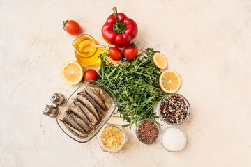 Composition with fish oil pills and healthy products on light background