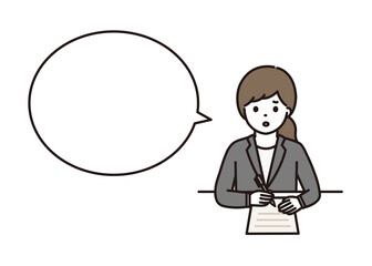 困った顔で記入をするビジネスウーマン 吹き出し