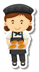 Sticker template with a baker girl holds baked tray isolated