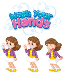 Wash your hands font design with a girl wearing medical mask on white background