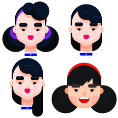 Set of four different beautiful young girl with different hair style. Flat design vector illustration.
