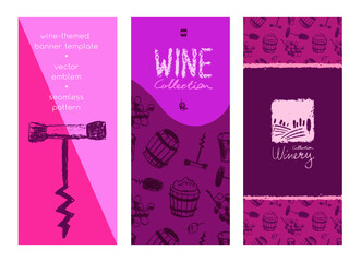 Wine label set. Vector icon set winemaking. Winery banner template. Viticulture sign. Hand-drawn images of corkscrew, wine barrel, grape, stopper. Wine tasting poster. Wine pattern seamless.