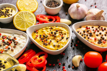 Bowls with different sauces and ingredients on dark background, closeup
