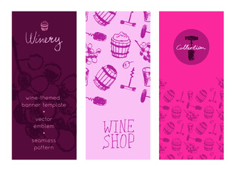 Wine banner set. Vector icon set winemaking. Winery label template. Viticulture symbol. Hand-drawn illustrations of corkscrew, wine barrel, grape, stopper. Wine tasting flyer Wine pattern seamless.
