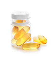 Bottle with fish oil capsules on white background