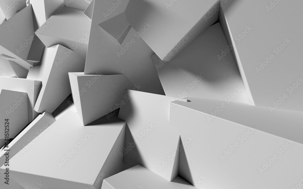 Poster Abstract background with white 3D shapes flying in the light as a messy array or chaotic structure for any pastel backdrop. 3D illustration.