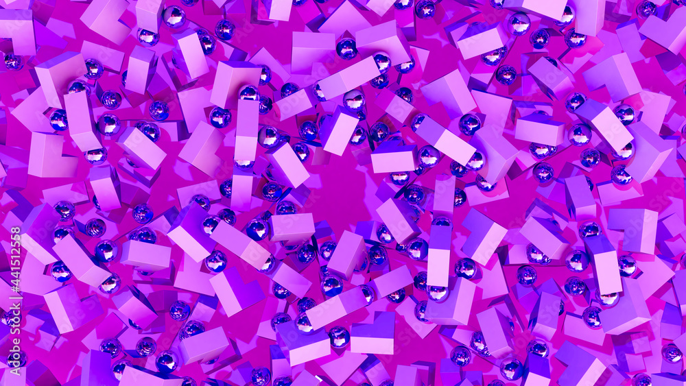 Poster Abstract mandala made of balls and cube shaped corners with vibrant colors and rotation symmetry. 3D background, technology or scientific wallpaper. 3D illustration.