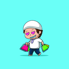 Obraz na płótnie Canvas Happy Muslim boy for a shopping day in vector illustration. shopping Icon Concept Isolated Premium Vector. Flat Cartoon Style