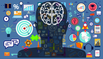 Fototapeta na wymiar human head with brain brainstorm. icon set idea for success,plan,think,search,analyze,communicate, innovation technology modern. 