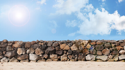Stone walls and clear skies in Jeju Island.