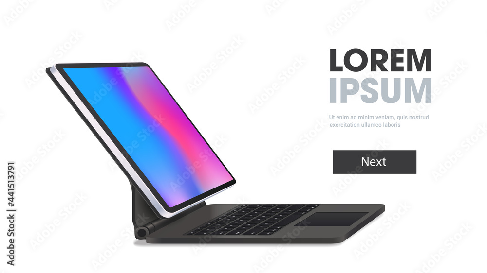 Poster modern tablet computer with keyboard and colored screen isolated on white background realistic devic