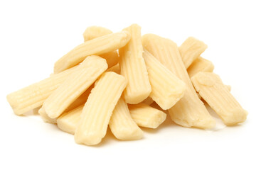 Grated cheese on white background 