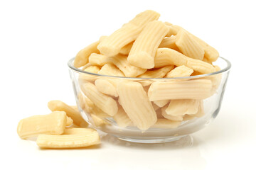 Grated cheese on white background 