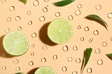 Ripe cut lime on color background with water drops